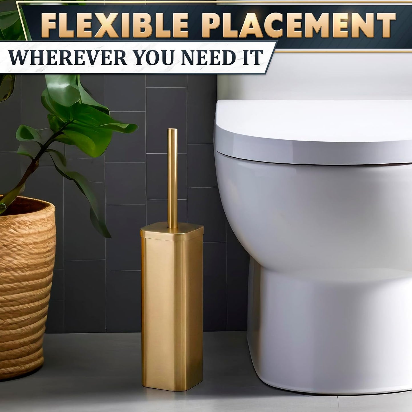 Black Toilet Brush and Holder Set - Slim Matte Design that Fits Anywhere - Stainless Steel Toilet Bowl Brush and Holder with 2 Rounded Corners, Replaceable Head, Removable Inner Bowl & Splash Guard