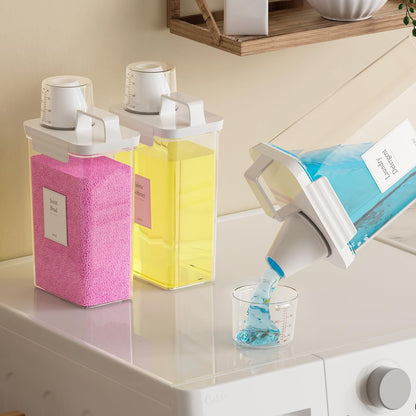 61OZ Laundry Detergent Dispenser Container, 2 Pack Liquid Laundry Dispenser, Plastic Detergent Dispensers for Laundry Powder/Fabric Softener with Tray 6 Labels, Clear