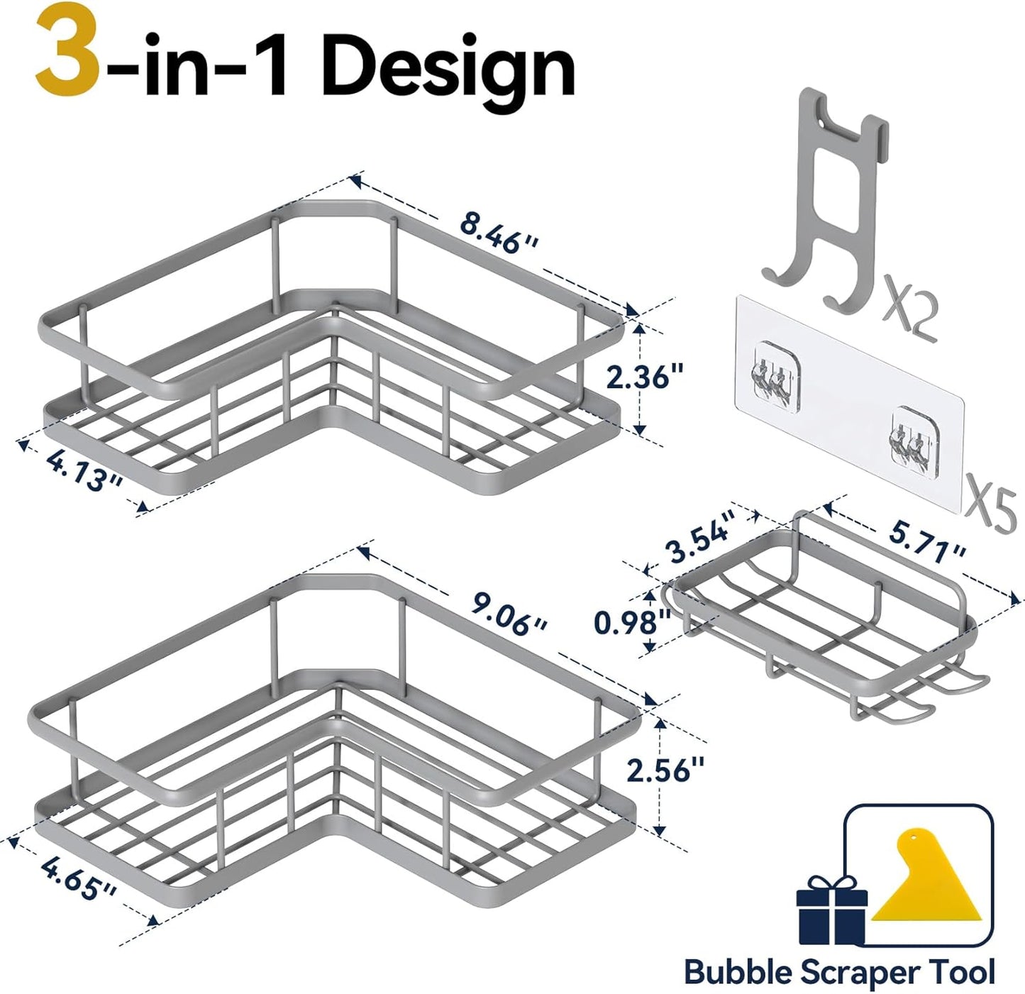 YASONIC Corner Shower Caddy, 5-Pack Adhesive Rustproof Stainless Steel Shower Organizer with Soap Holder, No Drilling Shower Shelf for Inside Shower, Dorm, Renters, Black