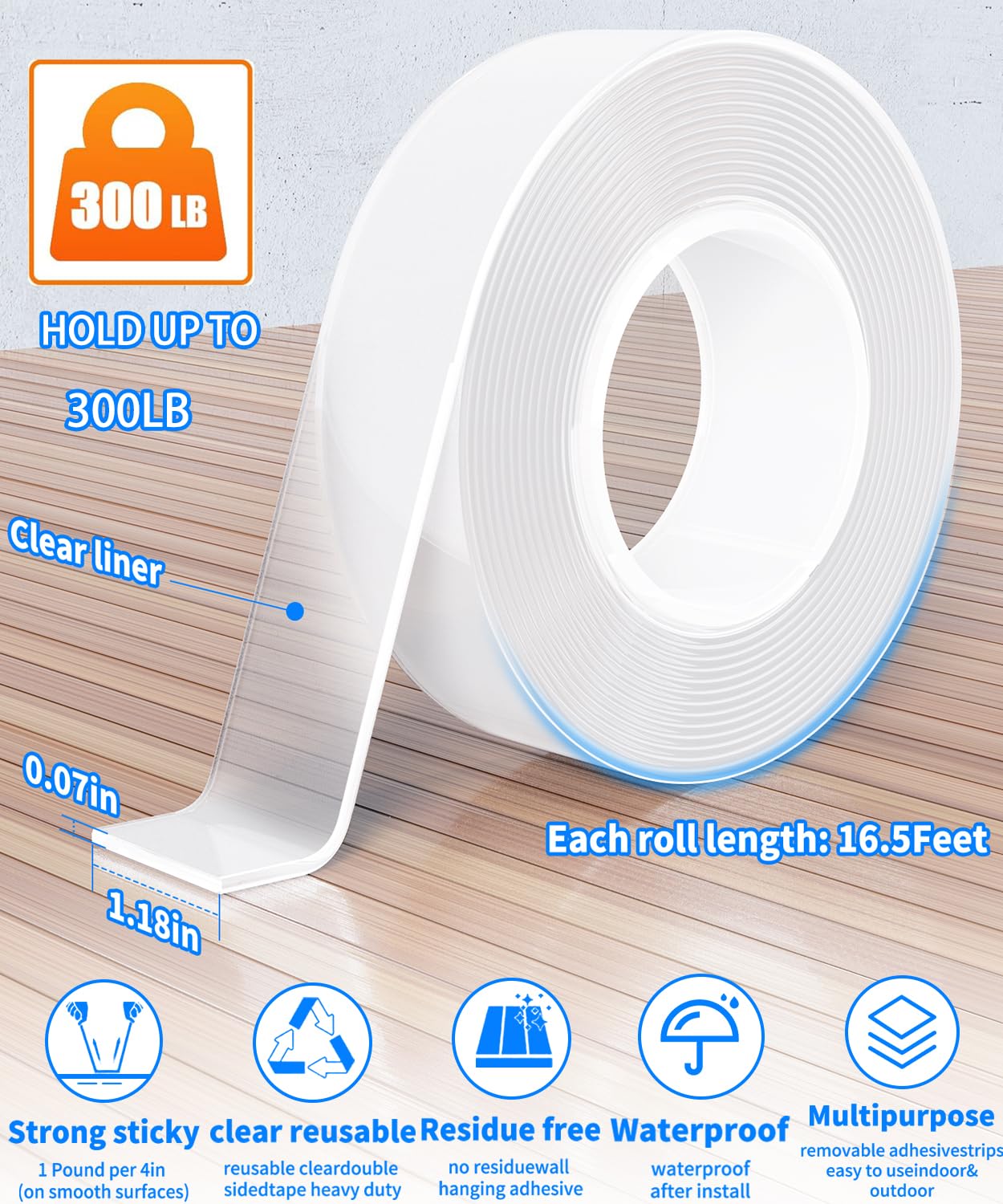 Double Sided Tape Heavy Duty, Nano Tape, Double Sided Mounting Tape, Clear Adhesive Tape for Hanging Picture, Poster, Carpet, Photo Deco, 2 Rolls, 16.5 Feet Per Roll