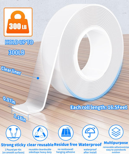 Double Sided Tape Heavy Duty, Nano Tape, Double Sided Mounting Tape, Clear Adhesive Tape for Hanging Picture, Poster, Carpet, Photo Deco, 2 Rolls, 16.5 Feet Per Roll