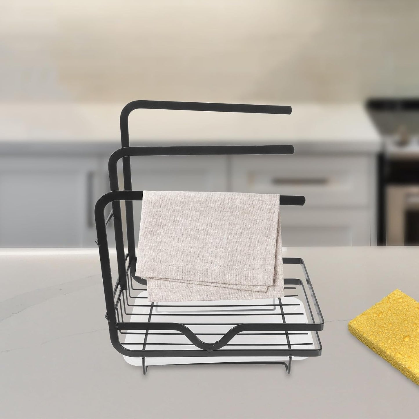 Multifunctional Dishcloth Drying Rack with Sink Sponge Holder, Black Metal Wall-mounted Kitchen Storage Organizer for Household Cleaning Tools and Dish Towels