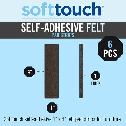SoftTouch 1" x 4" Heavy-Duty Furniture Slider Felt Strips for Hard Surfaces, Adhesive Felt Tape Furniture Moving Pads for Beds, Sofas, Dressers, Set of 6, Brown