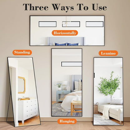 Arched Mirror Full Length, Upgraded 16"x59" Body Wall Mirrors with Shatter-Proof Glass, Floor Standing, Hanging or Leaning, Tall Arch Mirror with Stand Aluminum Alloy Frame for Bedroom, Black