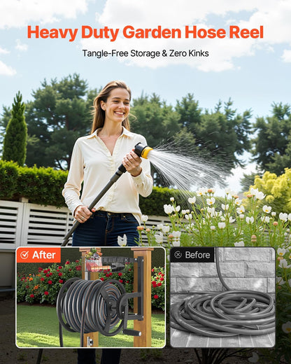 VEVOR Wall Mounted Garden Hose Reel, Holds 125 ft 5/8-inch Hose, Heavy-Duty Water Hose Winder, Space-Saving Design, Outdoor Manual Reel with Brass Fitting and Storage Basket for Yard Lawn