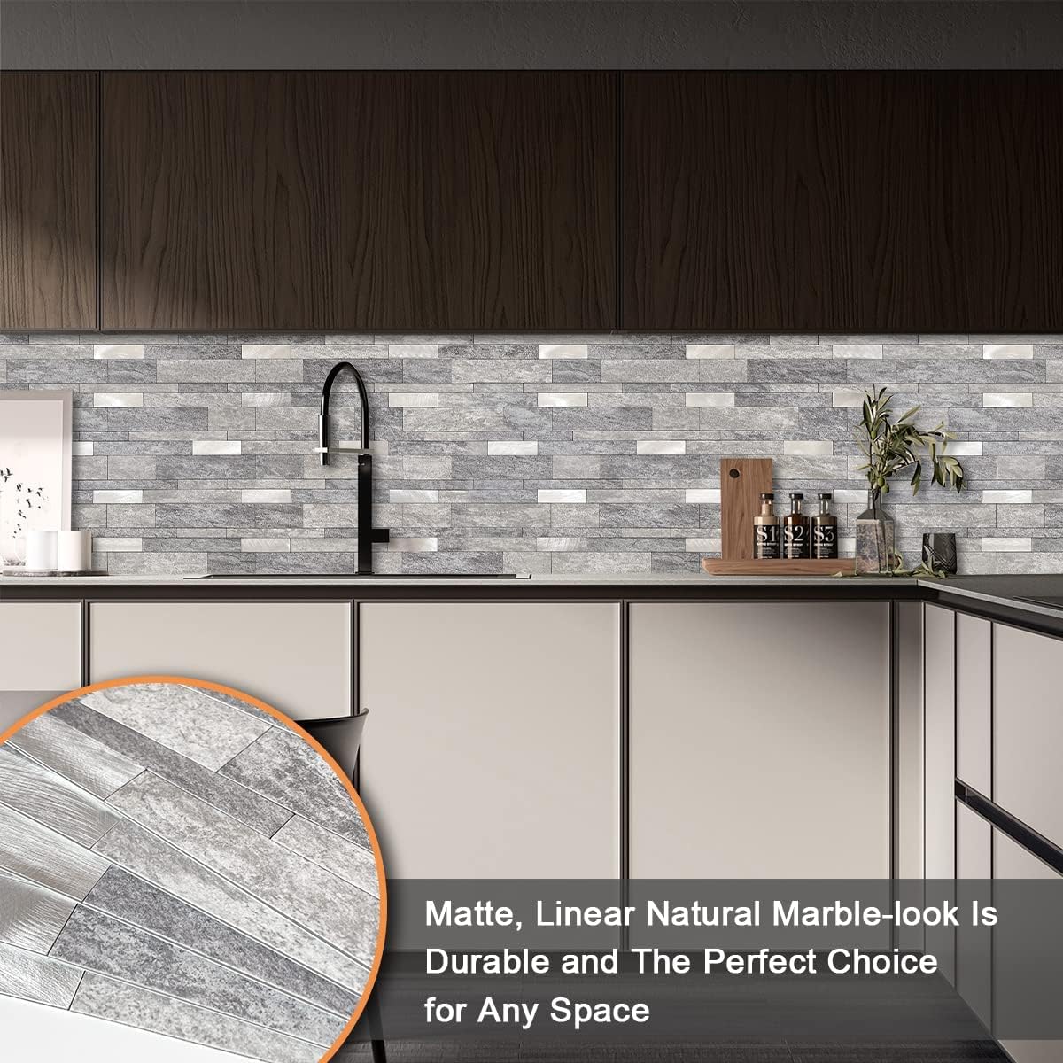 VAOVI Backsplash Tile Peel and Stick Kitchen Stone Subway Linear Mosaic Bathroom Shower Wall Waterproof(10pcs,Gray)