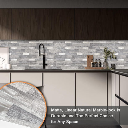 VAOVI Backsplash Tile Peel and Stick Kitchen Stone Subway Linear Mosaic Bathroom Shower Wall Waterproof(10pcs,Gray)