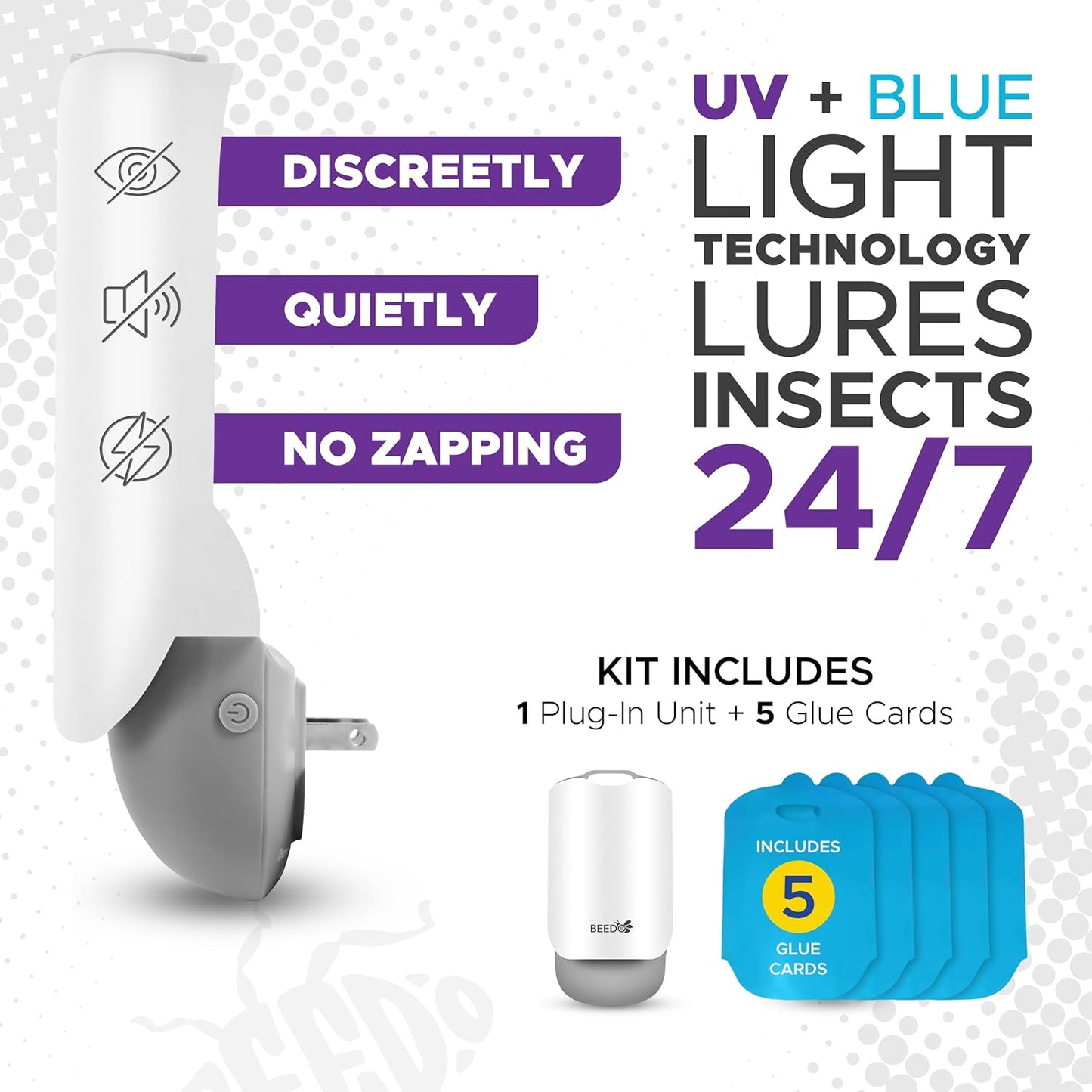 Beedo Gnat Fruit Fly Flying Insect Trap Starter Kit, Indoor Bug Catcher Plug in Device for House, Mosquito, Drain Flies Killer, Blue and UV Light Combo, Zapper Alternative, 1 Device with 5 Glue Insert