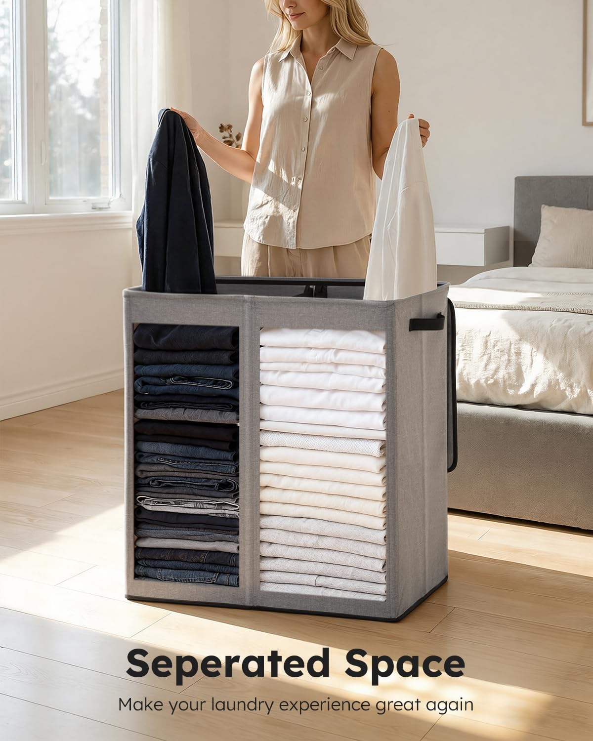 SOLEDI Luxury Double Laundry Hamper with Lid and Removable Bags, 38.3 Gal Large Laundry Bin, Laundry Basket 2 Sections, Collapsible Clothes Hamper for Bedroom, Laundry Room, Bathroom, Off-white