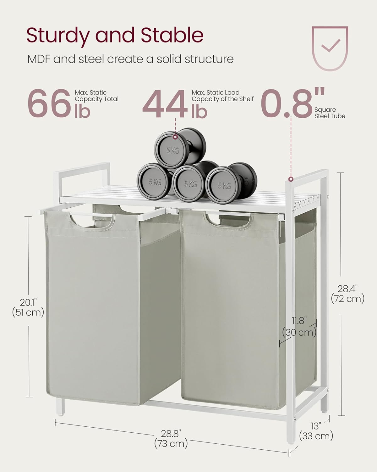 VASAGLE Laundry Hamper, Laundry Basket Sorter with 3 Pull-Out and Removable Bags, Shelf, Metal Frame, 3 x 10.6 Gallons (40 L), 36.4 x 13 x 28.4 Inches, Cappuccino Beige and Natural Beige UBLH301LH01