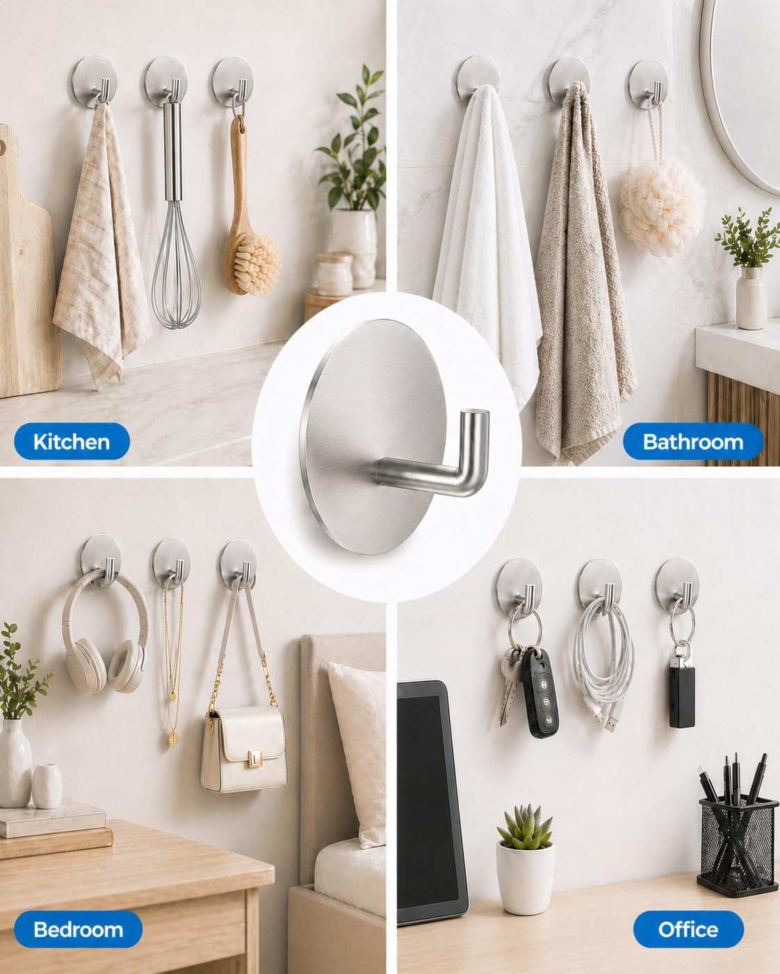 Removable Towel Hooks for Bathrooms, Heavy Duty Adhesive Hooks for Walls No Damage, Black Home Storage Hooks for Inside Shower, Sticky Hooks for Hanging Robe Coat Loofah Clothes Kitchen, 14Pcs Sus304