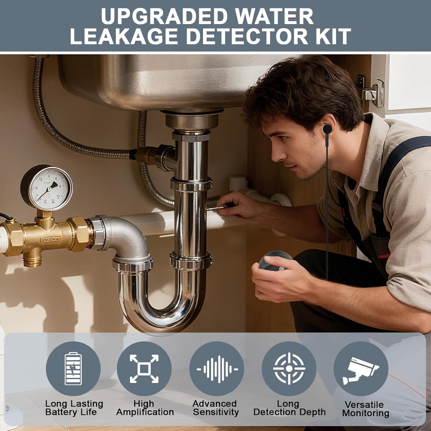 Water Leak Detector,Underground Water Leak Detector With Headphones,Water Leak Detector Tool with 5 Detection Lights,High Sensitive Sound Intensifier Water Leak Detection Device (With Large Earphones)