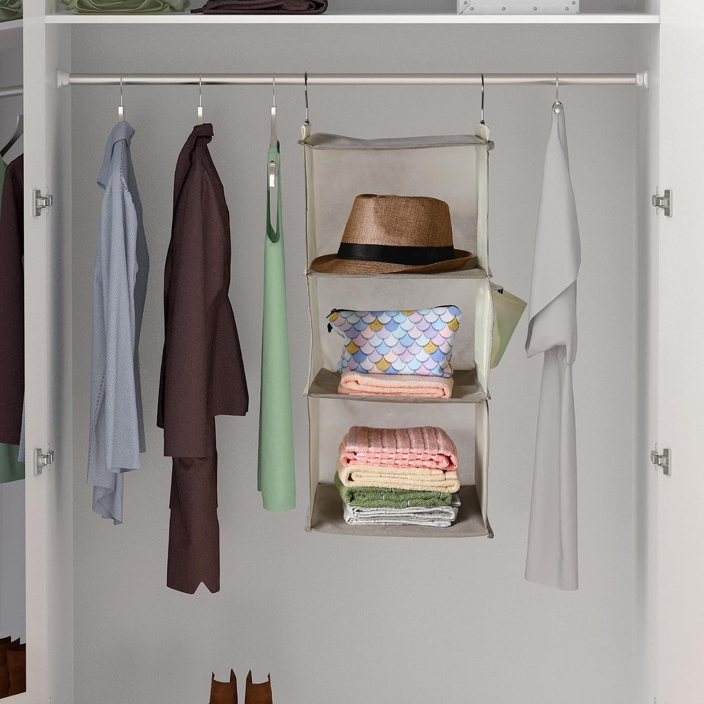 Leinuosen 4 Pack 3 Tier Hanging Closet Organizer Foldable 3 Shelf Closet Hanging Shelves with Side Pockets and Sturdy Hooks for Wardrobe Rv Nursery Small Closets Natural Beige