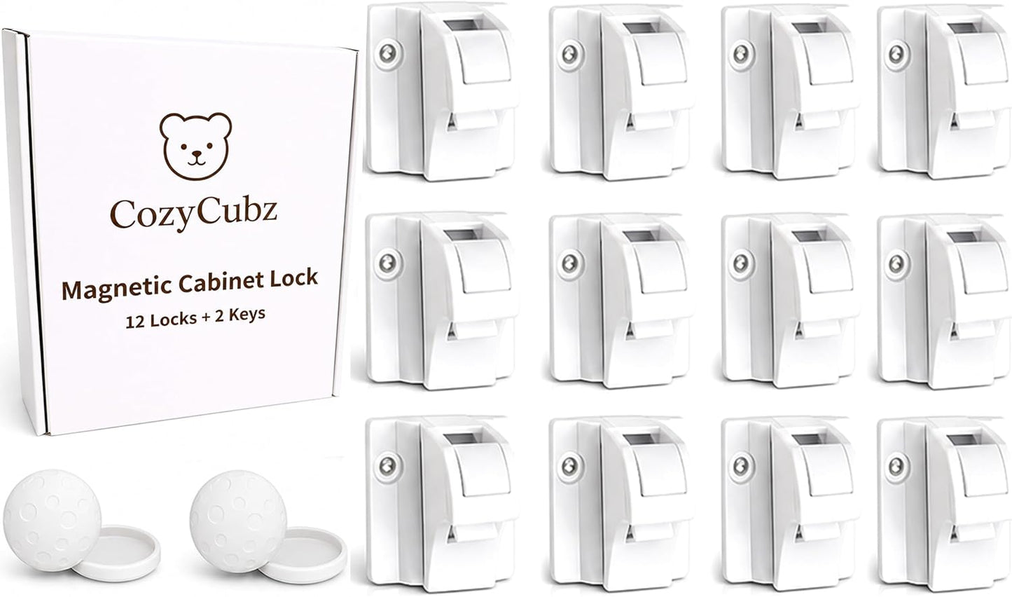CozyCubz Magnetic Cabinet Locks - 12 Locks & 2 Keys Baby Proofing Kit, Child Safety Locks for Cabinet & Drawers, Invisible No Drill Adhesive Locks for Toddlers, Kitchen & Bathroom Safety