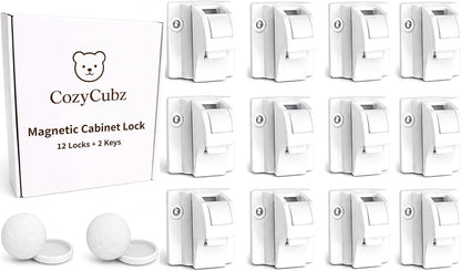 CozyCubz Magnetic Cabinet Locks - 12 Locks & 2 Keys Baby Proofing Kit, Child Safety Locks for Cabinet & Drawers, Invisible No Drill Adhesive Locks for Toddlers, Kitchen & Bathroom Safety