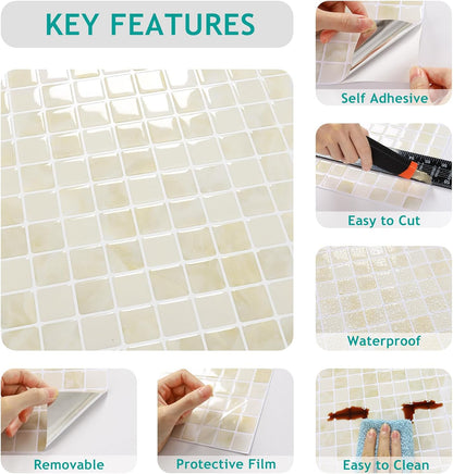 VEELIKE Cream Beige Mosaic Peel and Stick Backsplash for Kitchen Backsplash Tiles Peel and Stick Waterproof Wall Tile Stickers 12''x12'' 6 Sheet Removable Self Stick on Backsplash for Kitchen Bathroom