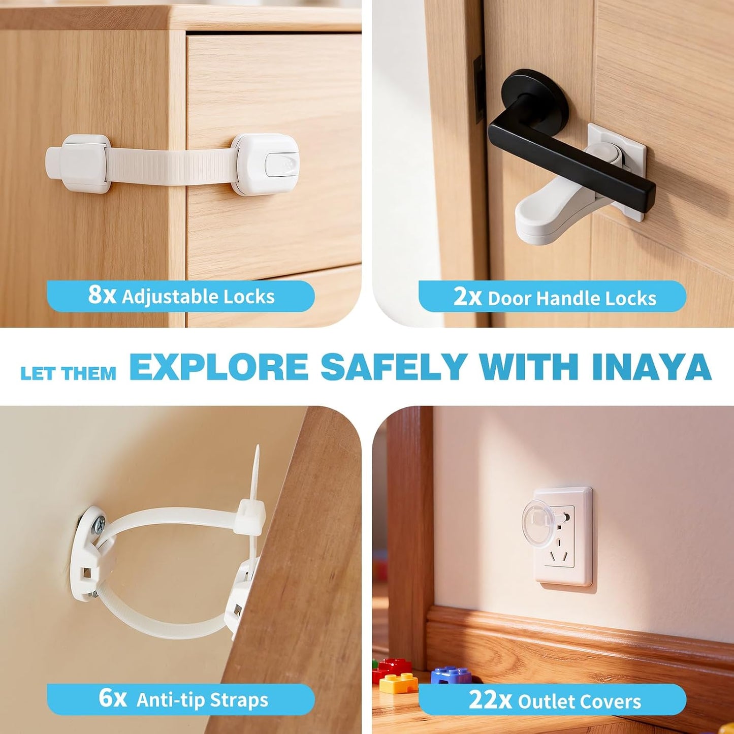 Inaya Complete Baby Proofing Kit - Child Safety Hidden Locks for Cabinets & Drawers, Adjustable Safety Latches, Corner Guards and Outlet Covers - Baby Proof Pack to Keep Your Child Safe at Home