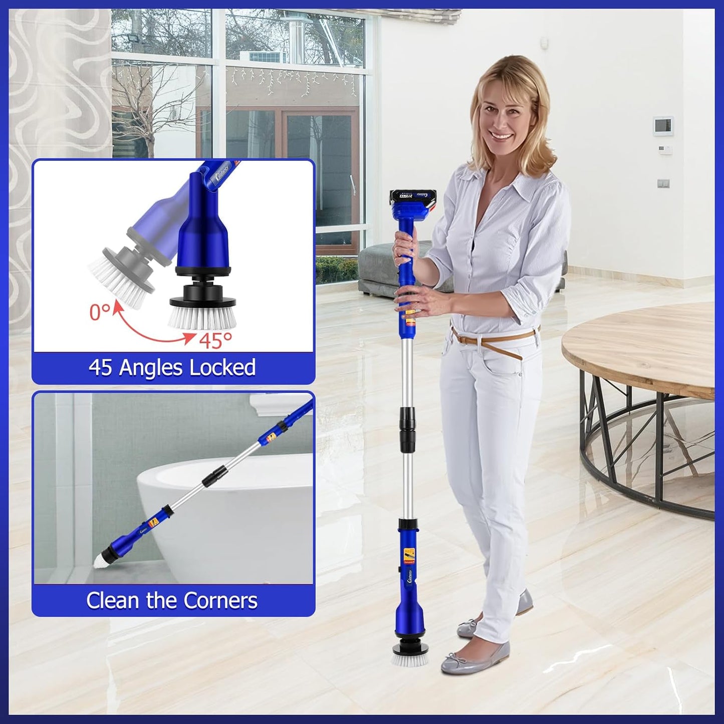 2 Batteries Electric Cleaning Brush for Bathroom, 1200RPM Power Cordless Spin Scrubber with 6 Replaceable Brush Heads and Telescopic Handle, 2 Speeds for Shower Bathtub Kitchen Window Car