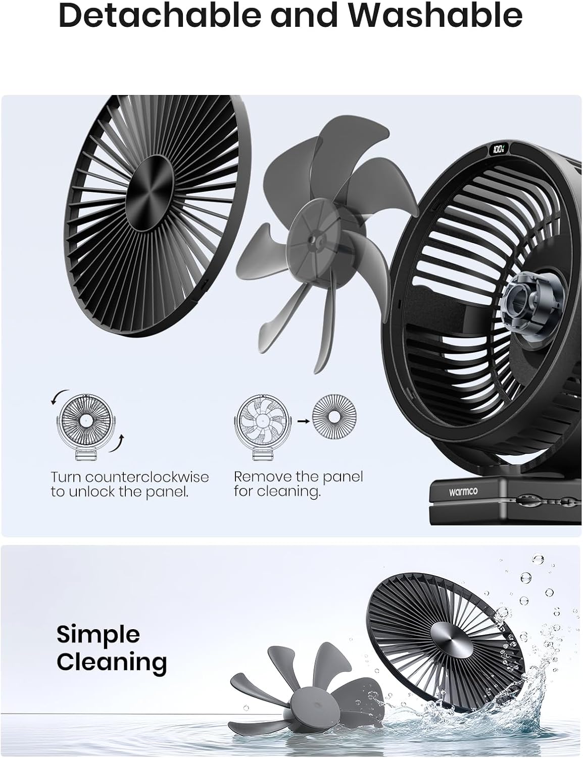 Warmco 10000mAh Rechargeable Clip on Fan, 8 Inch Desk Fan for Camping | 8-26H Runtime, USB-C Two-Way Charging, 360° Adjustable, 3-in-1 Clip Hook Desk Use, 4 Speeds, Washable Grille