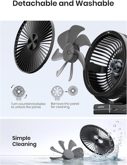 Warmco 10000mAh Rechargeable Clip on Fan, 8 Inch Desk Fan for Camping | 8-26H Runtime, USB-C Two-Way Charging, 360° Adjustable, 3-in-1 Clip Hook Desk Use, 4 Speeds, Washable Grille