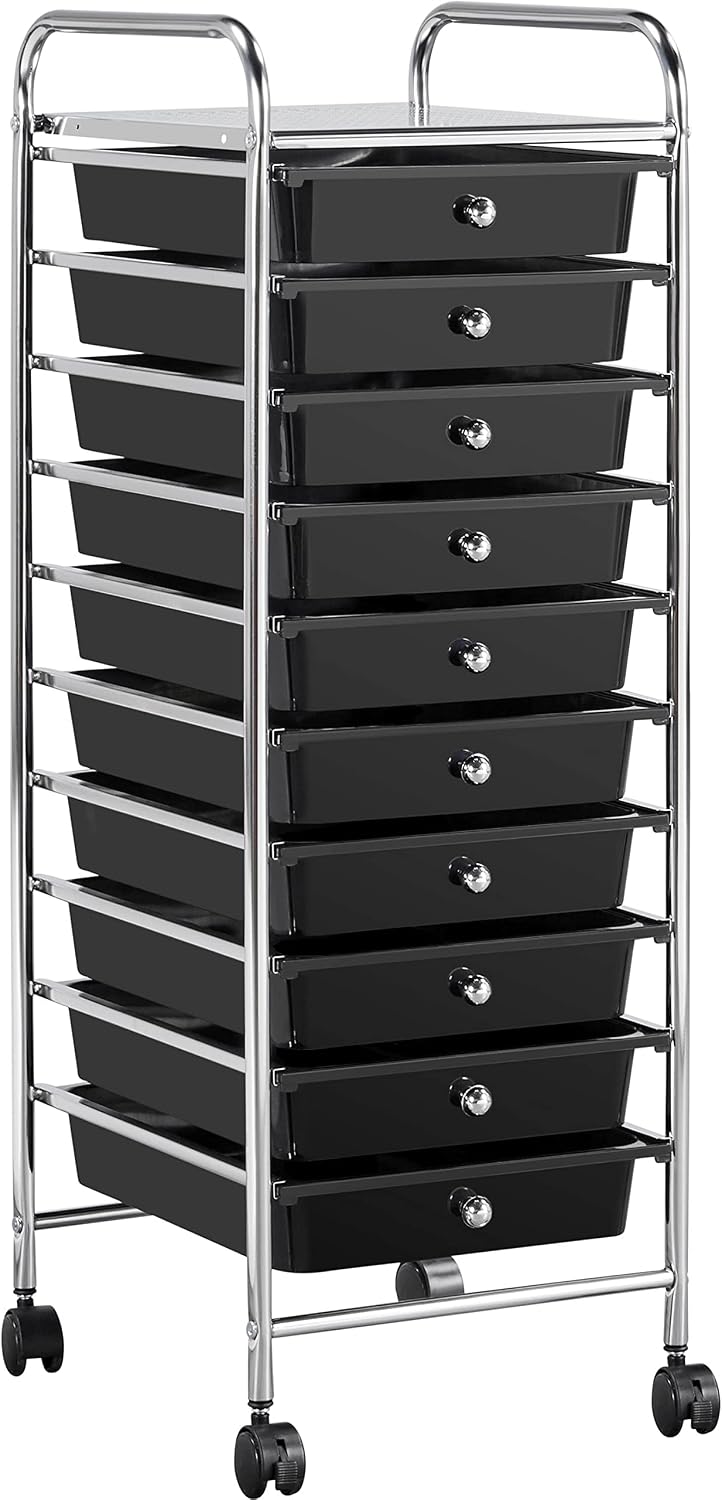 Yaheetech 4-Drawer Rolling Storage Cart with Wheels, Slim Organizer, Black | Four drawers plus a top shelf organize craft to bath gear; slim chrome-steel frame, plastic bins, locking wheels, easy setup.