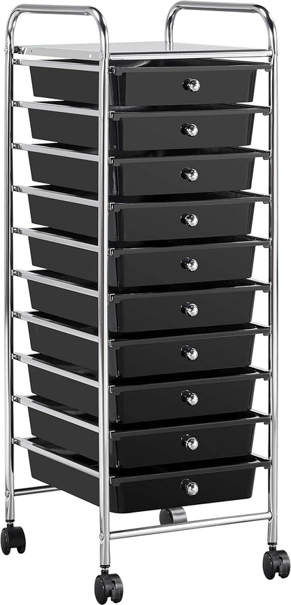 Yaheetech 4-Drawer Rolling Storage Cart with Wheels, Slim Organizer, Black | Four drawers plus a top shelf organize craft to bath gear; slim chrome-steel frame, plastic bins, locking wheels, easy setup.