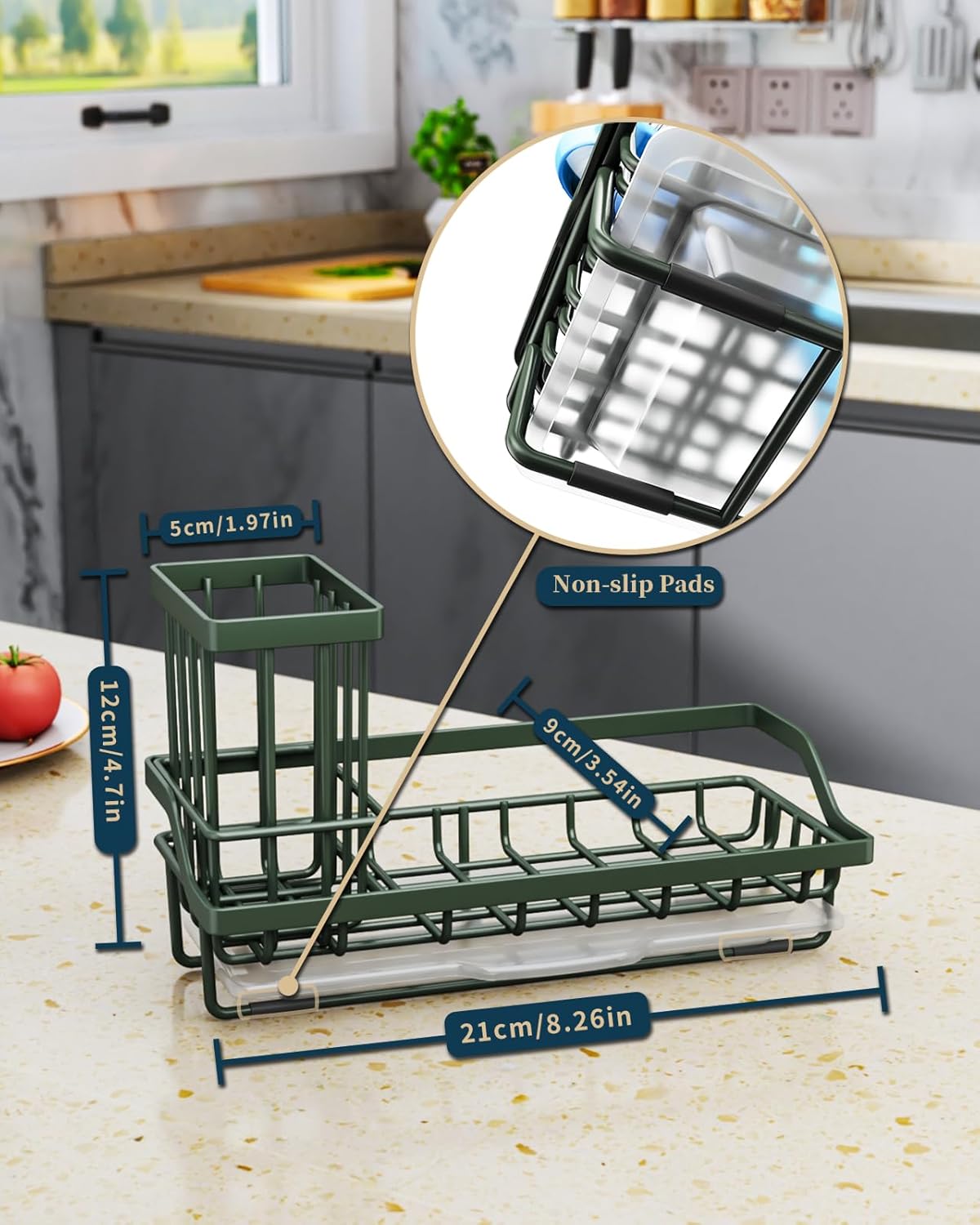 Consumest Sponge Holder for Kitchen Sink - Kitchen Sink Caddy Organizer with Removable Drip Tray for Countertop Dish Soap Dispenser Brush Storage Accessories 304 Stainless Steel - Black
