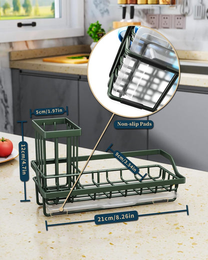 Consumest Sponge Holder for Kitchen Sink - Kitchen Sink Caddy Organizer with Removable Drip Tray for Countertop Dish Soap Dispenser Brush Storage Accessories 304 Stainless Steel - Black