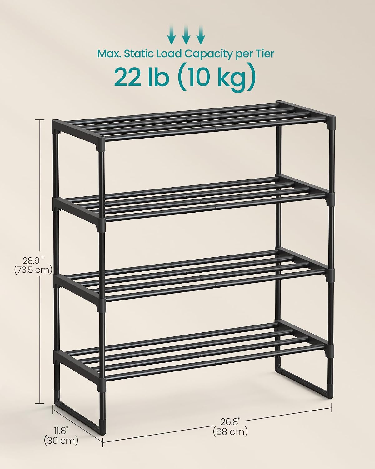 SONGMICS Shoe Rack, 6-Tier Shoe Organizer, Metal Storage Shelf, Upright or Upside Down, for 24-30 Pairs, Stackable, for Entryway, 11.8 x 36.2 x 42.7 Inches, Black ULSA306BH01