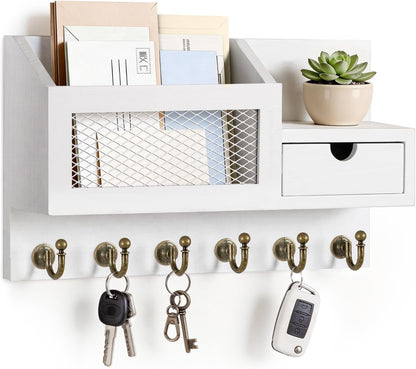 FifthQuarter Key Holder Wall Mount: Key and Mail Holder for Wall with 6 Hooks and Storage Drawer, Easy Installation Key Rack for Entryway Home Decor (A-White)