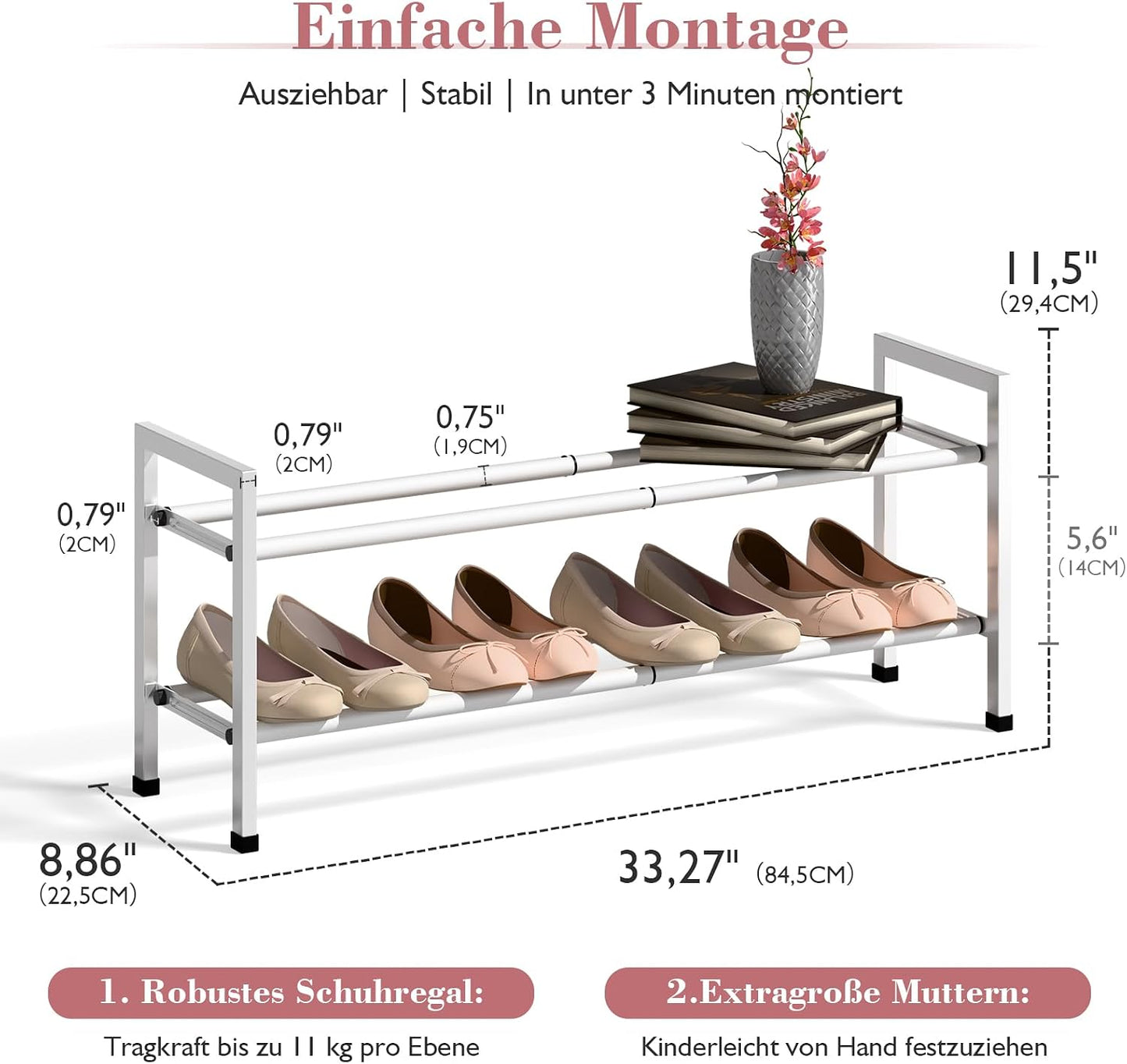 Bumusty 3-Tier Expandable Shoe Rack for Closet, 18“-33” Adjustable Shoe Rack for Small Space, Small Shoe Organizer for Front Door, Sturdy Metal, Black