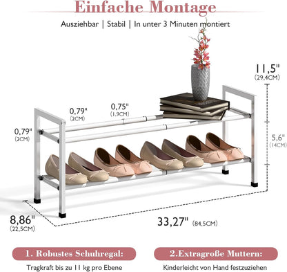 Bumusty 3-Tier Expandable Shoe Rack for Closet, 18“-33” Adjustable Shoe Rack for Small Space, Small Shoe Organizer for Front Door, Sturdy Metal, Black