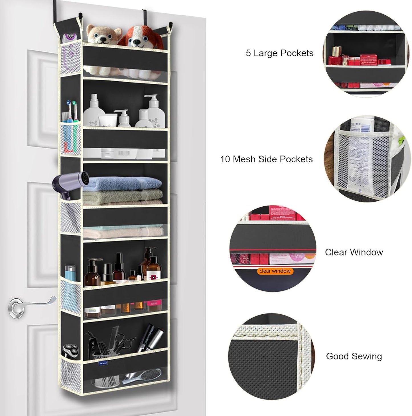 Over The Door Organizer 5-Shelves and 10 Side Pockets, Over The Door Storage for Bathroom Bedroom Nursery, Hanging Door Organizer for Baby Diapers and Kids Toys (13"x5"x44", Grey)