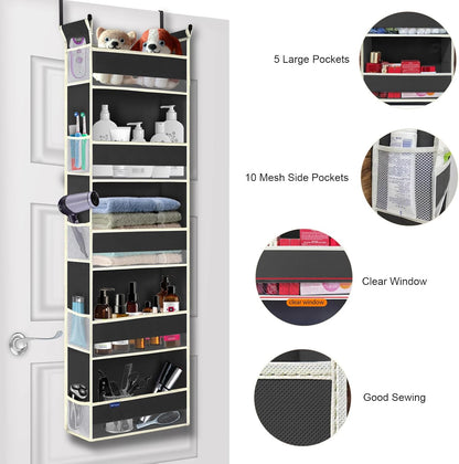 Over The Door Organizer 5-Shelves and 10 Side Pockets, Over The Door Storage for Bathroom Bedroom Nursery, Hanging Door Organizer for Baby Diapers and Kids Toys (13"x5"x44", Grey)