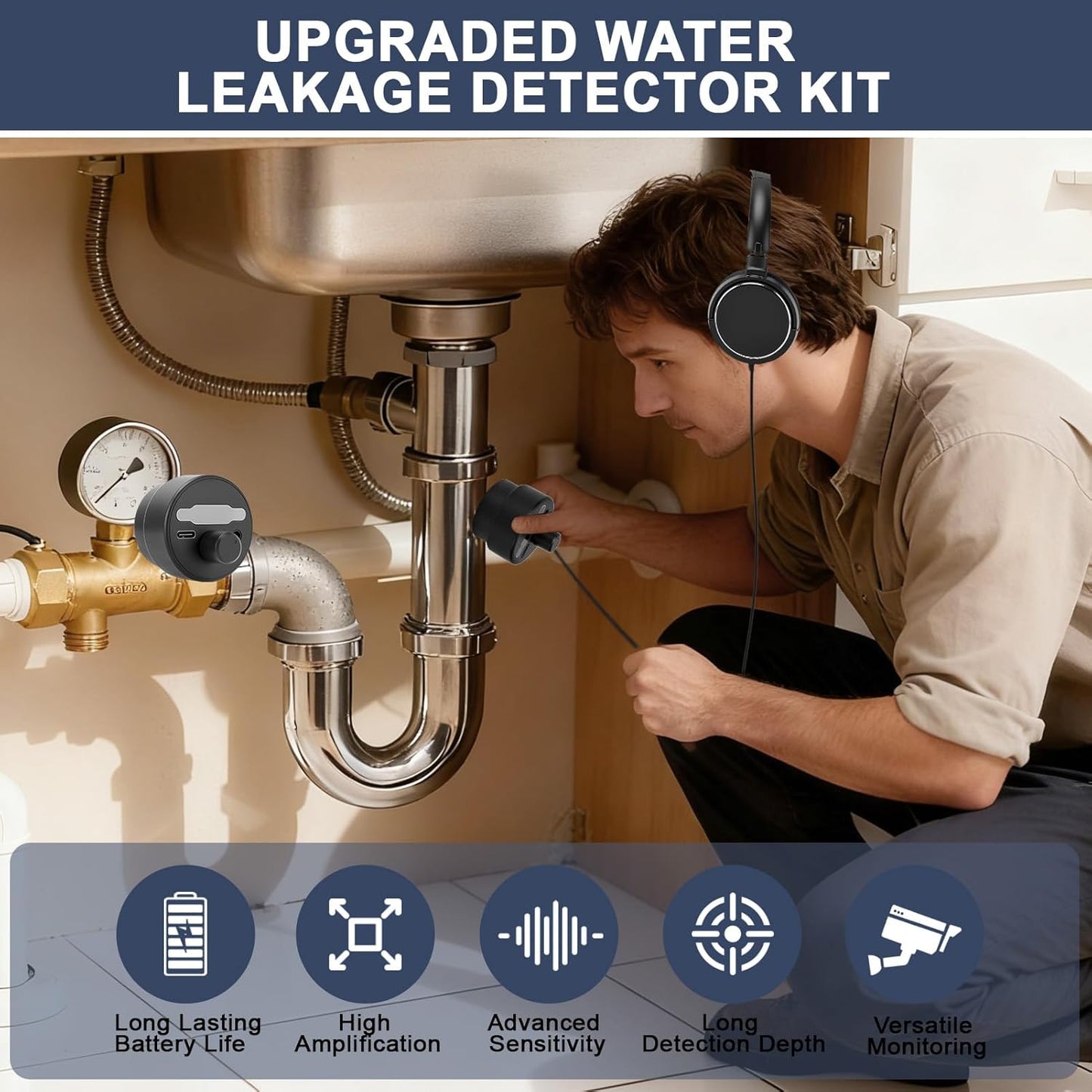 Water Leak Detector, Underground High Sensitivity Water Leak Detector with Headset, Water Leak Detection Device for Water Leakage Detection Construction Pipelines (with Large Earphone)