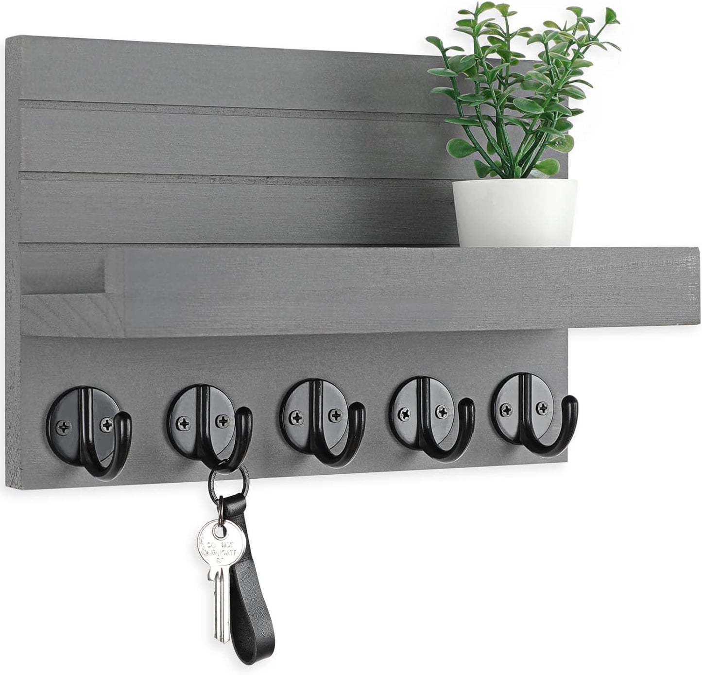 Lwenki Key Holder for Wall, Decorative Key and Mail Holder with Shelf Has Large Key Hooks for Bags, Coats – Paulownia Wood Key Hanger with Mounting Hardware (9.8”W x 6.7”H x 4.2”D) (Brown)