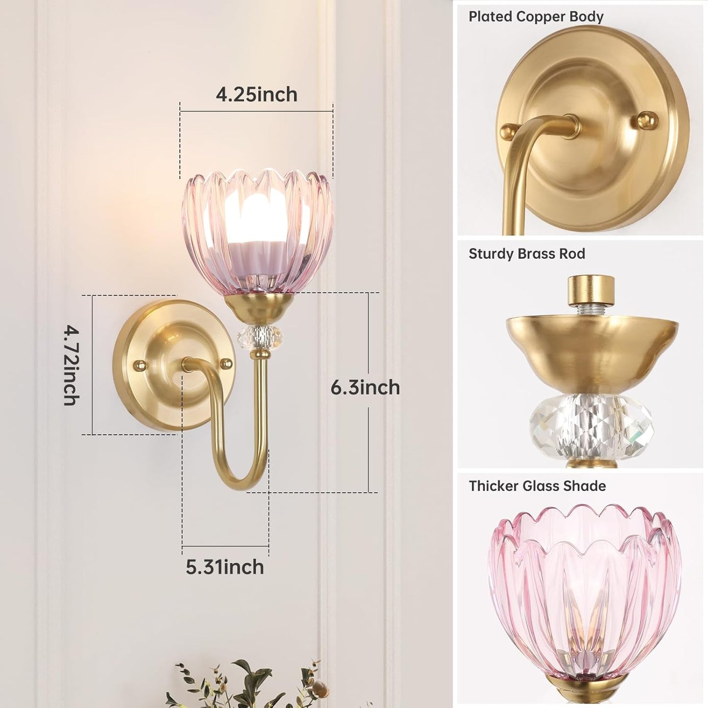 Set of 2 Vintage Battery Operated Wall Sconce, Rechargeable Wall Lamp with 5000mAh Battery & Remote Control, Dimmable Wall Lights with tulip shade for Bedroom Bathroom Living Room, (Tulip Amber Up)