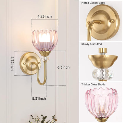 Set of 2 Vintage Battery Operated Wall Sconce, Rechargeable Wall Lamp with 5000mAh Battery & Remote Control, Dimmable Wall Lights with tulip shade for Bedroom Bathroom Living Room, (Tulip Amber Up)