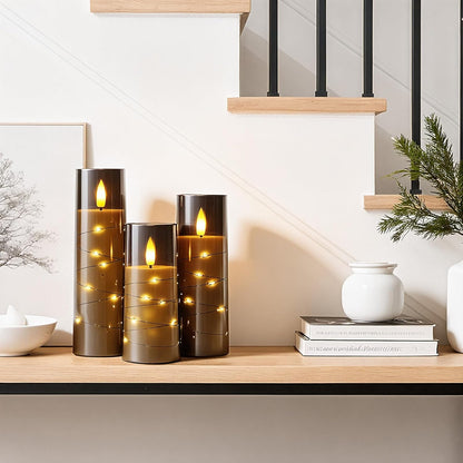 Raycare Flameless Candle with Remote Timer, 3 Flickering Acrylic Battery Operated LED Pillar Candles with Embedded Star String for Christmas, Wedding, Home Table Decor, and as a Gift (Ivory White)