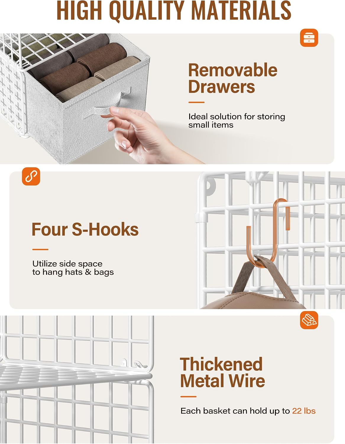 Hanging Closet Organizer, 4 Tier Metal Closet Organizers and Storage with 4 Hanging Hooks 4 S-Hooks for Wardrobe Laundry Room, Wire Storage Shelf for Clothes Sweaters Pants (White)