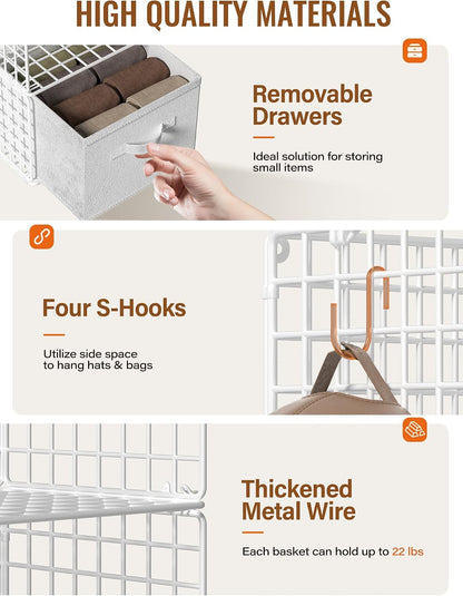 Hanging Closet Organizer, 4 Tier Metal Closet Organizers and Storage with 4 Hanging Hooks 4 S-Hooks for Wardrobe Laundry Room, Wire Storage Shelf for Clothes Sweaters Pants (White)