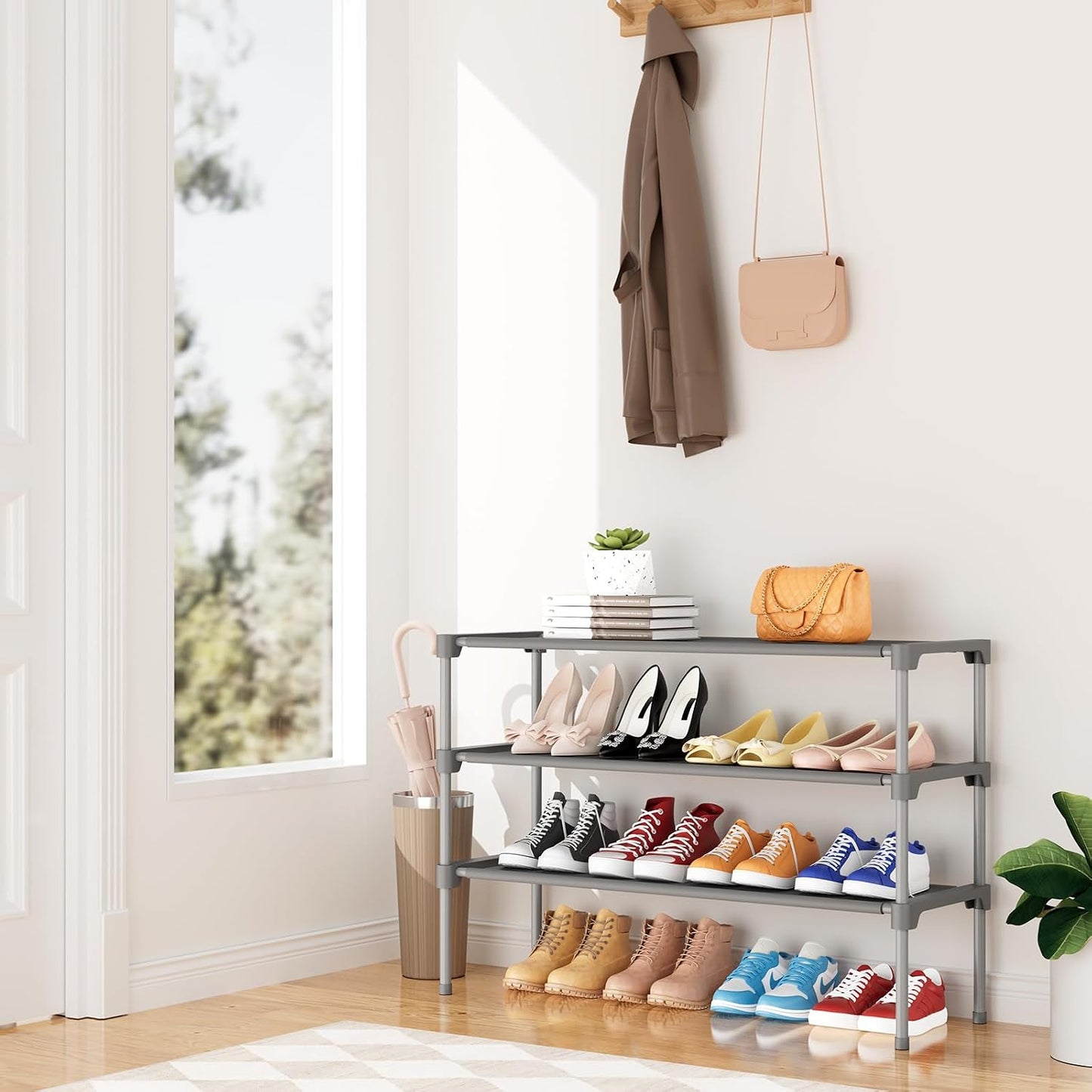 32.3" Widening Design Shoe Rack for Closet 16 Pairs Small Spaces Non-Woven 3 Tier Shoe Organizer Stackable Metal Shoe Shelf for Entryway, Bedroom