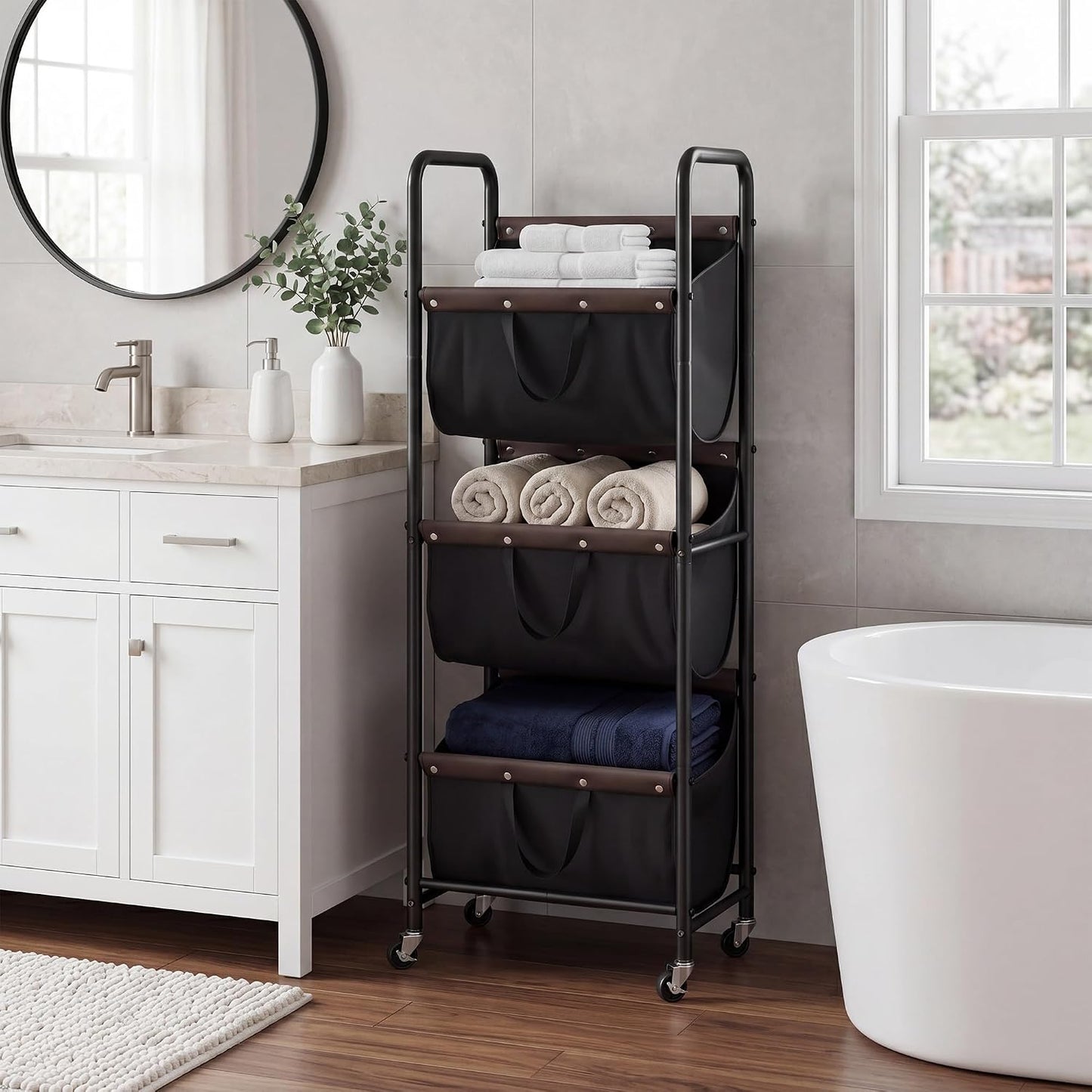GRANNY SAYS 3 Section Tiered Laundry Sorter, Slim Vertical Laundry Hamper with Wheels, Narrow Rolling Laundry Cart with Removable Bags for Laundry Room, Bathroom, Closet, Dorm, Beige