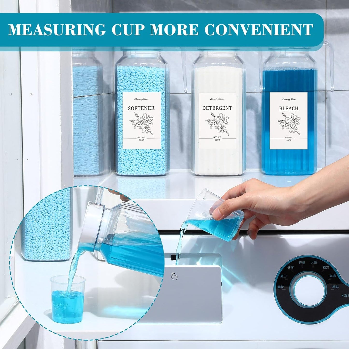 Potchen 3 Pack Laundry Detergent Dispenser Set, Clear Acrylic Liquid Detergent Container with Labels & Measuring Cups, Fabric Softener Dispenser for Laundry Room Organization(50 oz)
