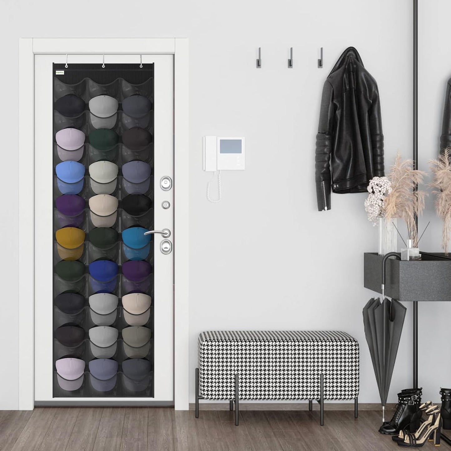 Baseball Hat Rack, 24 Pocket Over-The-Door Hat Organizer with Clear Deep Pockets to Display Baseball Caps Collection, Complete with 3 Over Door Hooks (Black, 24 Pockets)