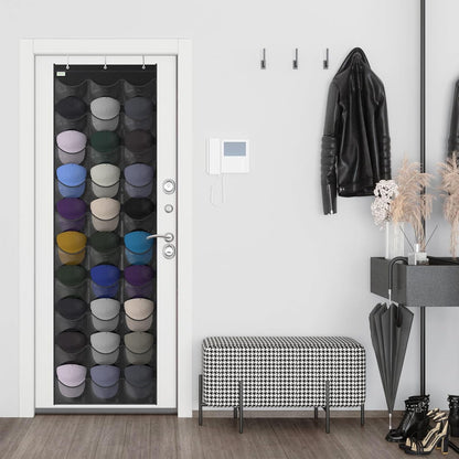 Baseball Hat Rack, 24 Pocket Over-The-Door Hat Organizer with Clear Deep Pockets to Display Baseball Caps Collection, Complete with 3 Over Door Hooks (Black, 24 Pockets)