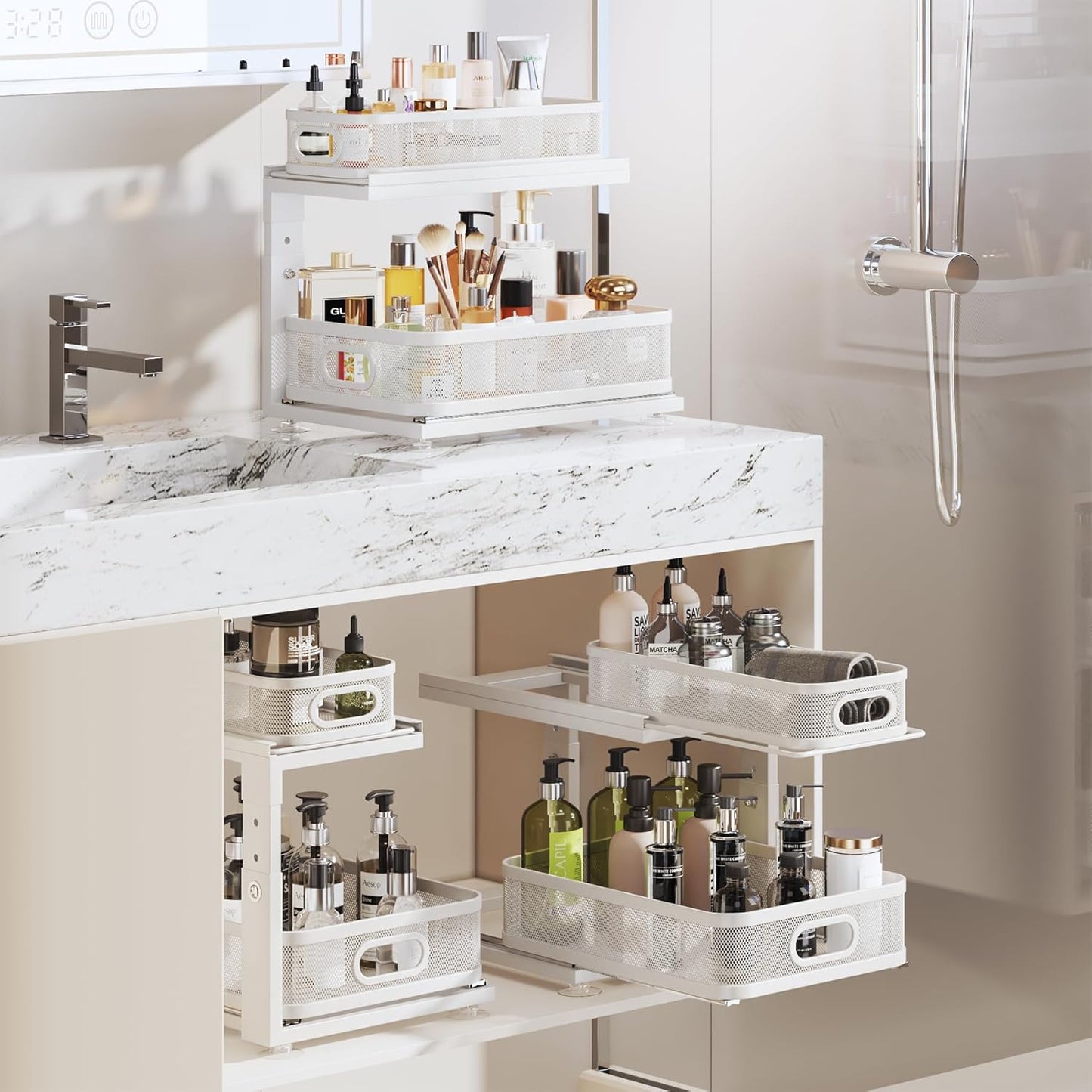 2 Pack 18.5IN-Depth Under Sink Organizer With Next-Gen Ball-Bearing Slides,2-Tier Precision Mesh Pull Out Cabinet Storage for Bathroom&Kitchen,Height Adjustable Drawers Shelf,Anti-rust-White