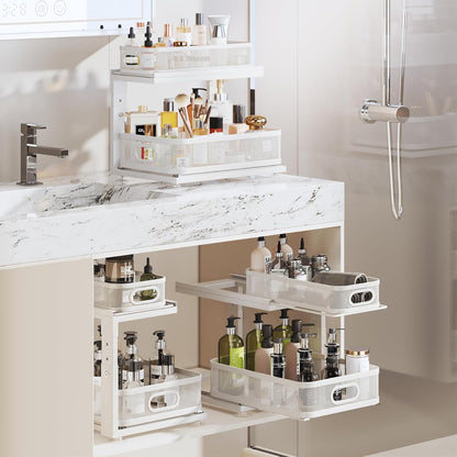 2 Pack 18.5IN-Depth Under Sink Organizer With Next-Gen Ball-Bearing Slides,2-Tier Precision Mesh Pull Out Cabinet Storage for Bathroom&Kitchen,Height Adjustable Drawers Shelf,Anti-rust-White