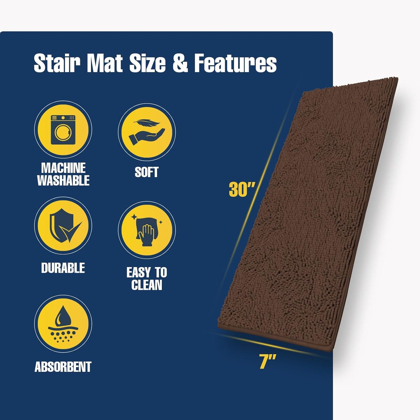 Muddy Mat® Pack of 4 - Soft Chenille Stair Treads Non-Slip Reusable, Super Absorbent Stair Treads for Wooden Steps, Tile & Marble Floor, Easy to Install & Machine Washable - Brown 30'' x 7''