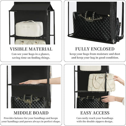 8 Grids in 1 Pack Hanging Purse Handbag Organizer with Double Zippers, Visible Purse Organizer for Closet, Fully Enclosed Purse Storage Holder-Black